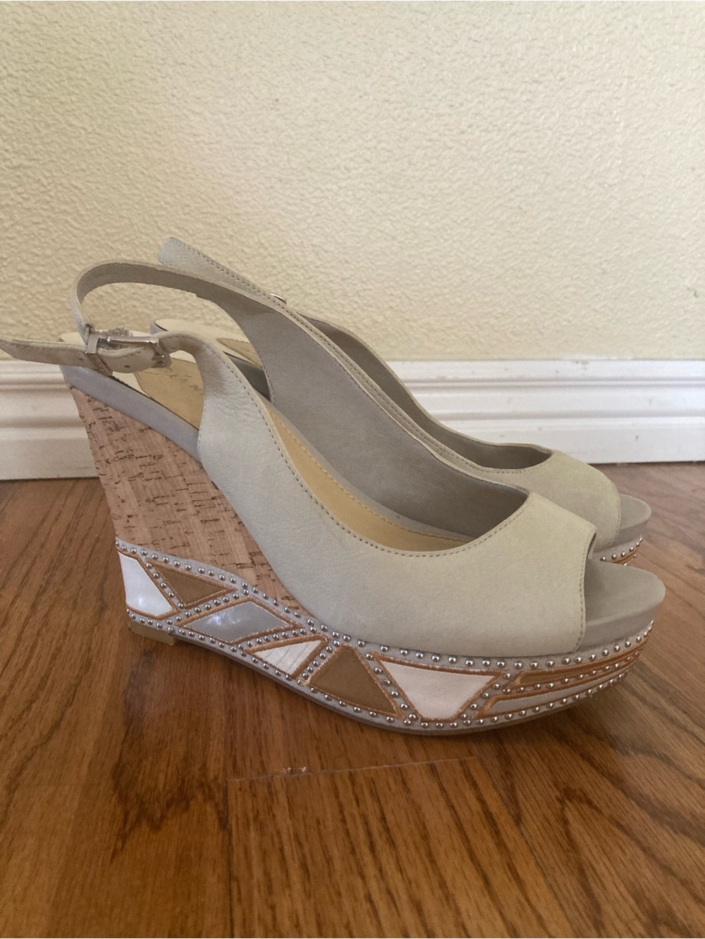 Gianni Bini Women's Beige Peep-Toe Cork Wedge Slingback